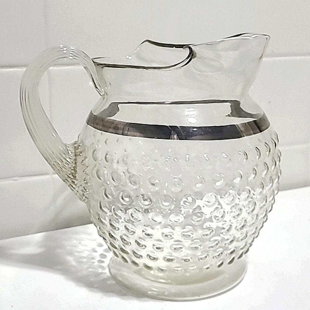 Vintage glass pitcher silver line around the body